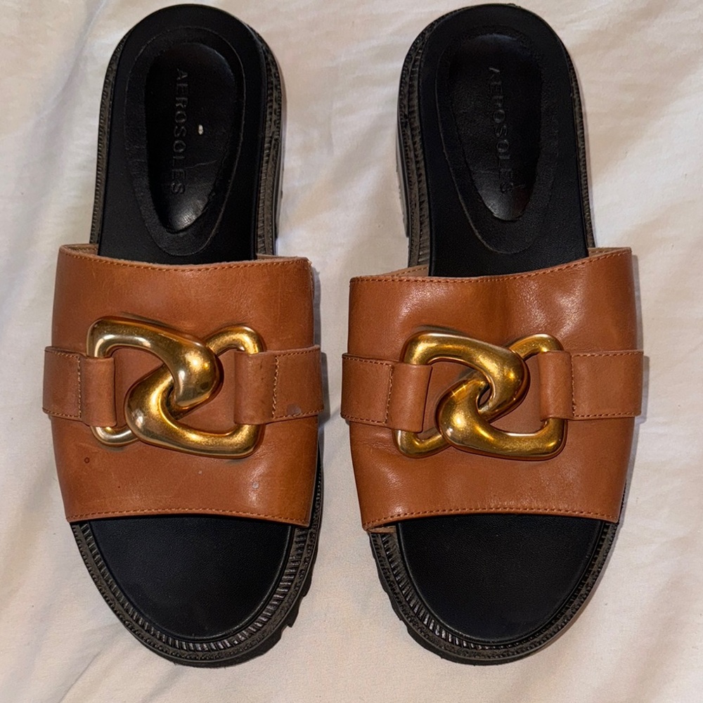 AEROSOLES Tan and Gold Mules with Chain Detail